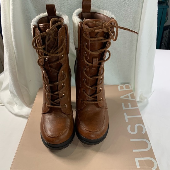 Lug Sole Platform Boots 4” Heel Shandee Sherpa Just Fabulous Saddle Brown Size 6 - Picture 5 of 6